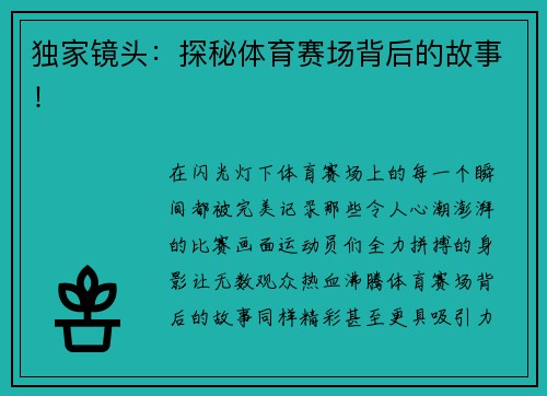 独家镜头：探秘体育赛场背后的故事！